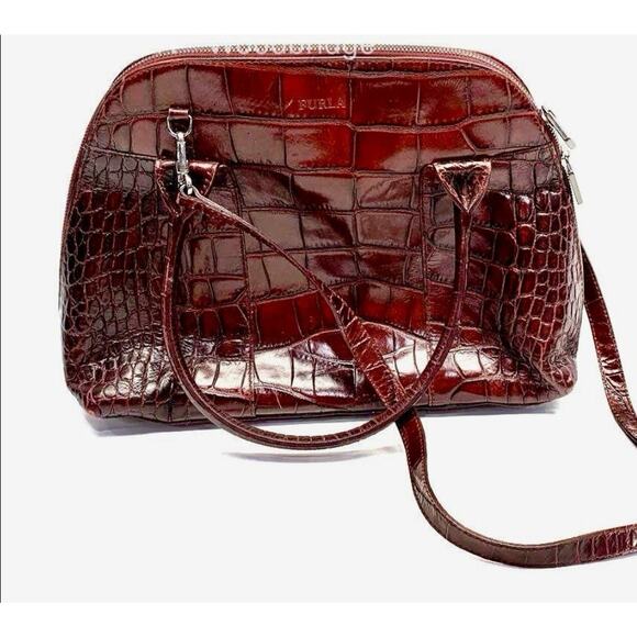 FURLA Ischia Dark Cherry Croco Embossed Italian Leather. Excellent Condition! - Picture 1 of 8